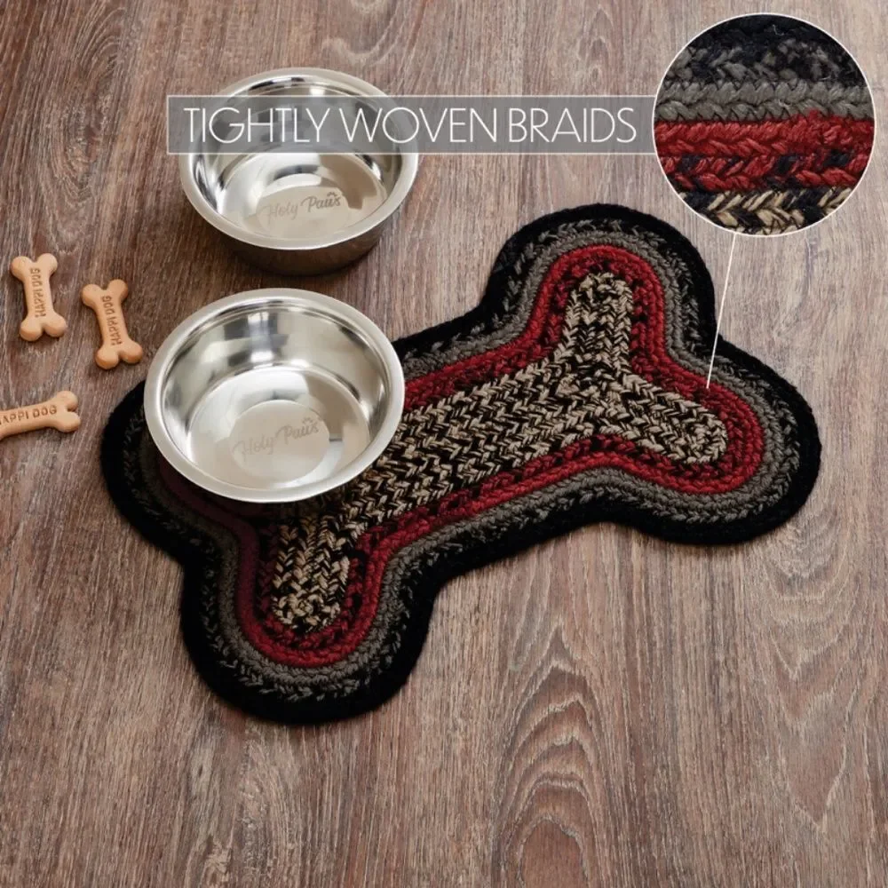 Farmhouse Black, Red, Tan, Grey Bone Shaped Jute Braided Dog Feeder Mat Pet - Picture 3 of 5